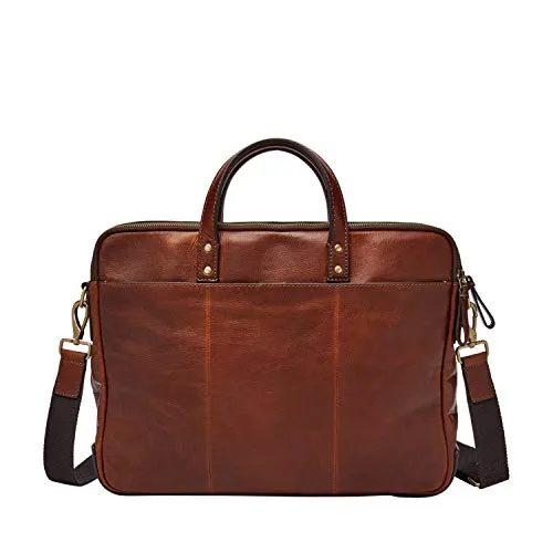 Fossil Men's Haskel Leather Double Zip Briefcase Messenger Laptop Bag, Cognac