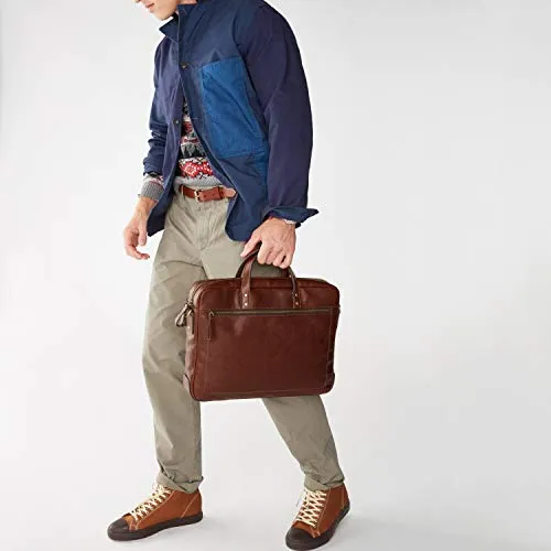 Fossil Men's Haskel Leather Double Zip Briefcase Messenger Laptop Bag, Cognac