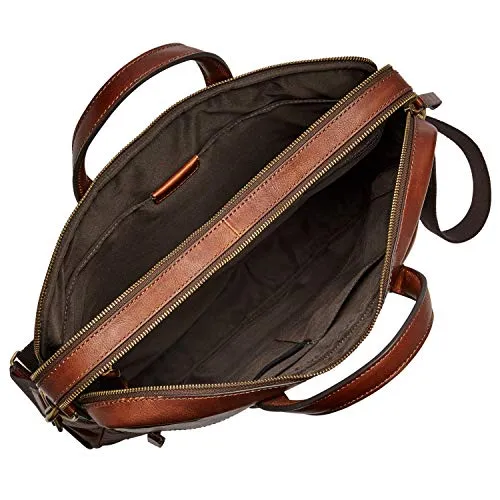 Fossil Men's Haskel Leather Double Zip Briefcase Messenger Laptop Bag, Cognac