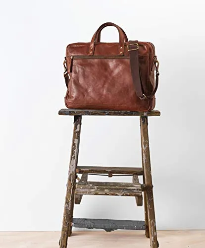 Fossil Men's Haskel Leather Double Zip Briefcase Messenger Laptop Bag, Cognac