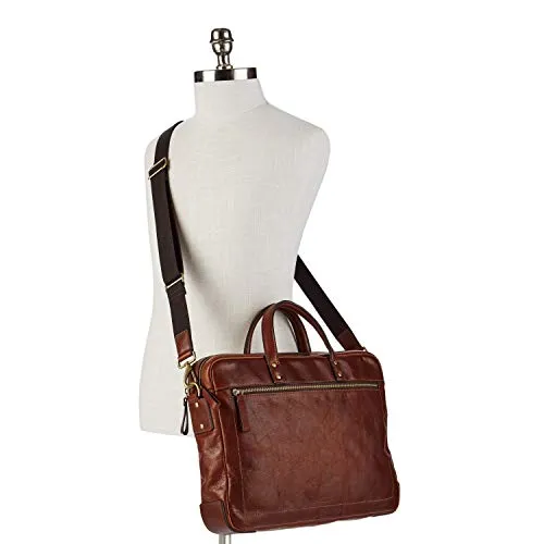 Fossil Men's Haskel Leather Double Zip Briefcase Messenger Laptop Bag, Cognac