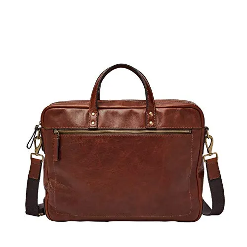 Fossil Men's Haskel Leather Double Zip Briefcase Messenger Laptop Bag, Cognac