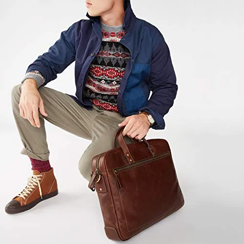 Fossil Men's Haskel Leather Double Zip Briefcase Messenger Laptop Bag, Cognac