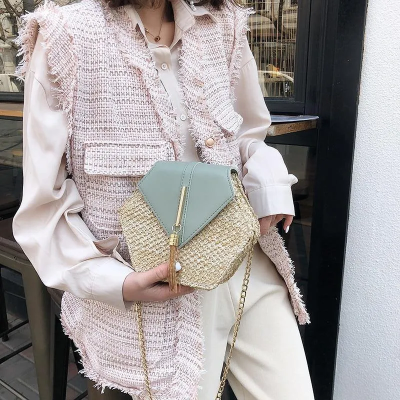 Hexagon Mulit Style Straw leather Handbag