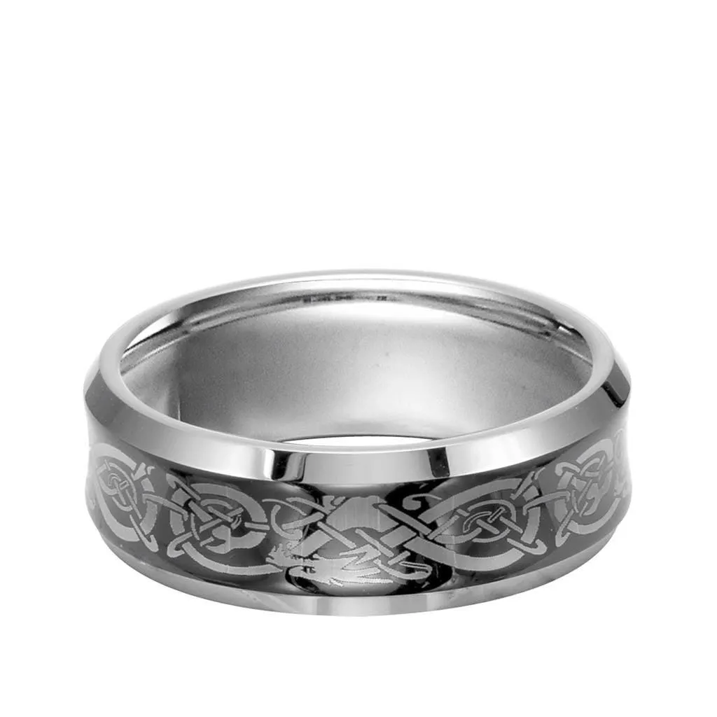 HUGO Beveled Tungsten Carbide Comfort Fit Band with Black Concave Center and Dragon Pattern Engraving by Triton Rings - 8mm
