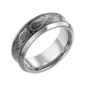 HUGO Beveled Tungsten Carbide Comfort Fit Band with Black Concave Center and Dragon Pattern Engraving by Triton Rings - 8mm