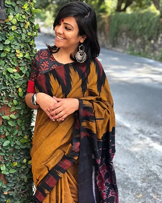 Ikat Hand Block Print Jaipuri Pure Soft Cotton Mulmul Saree with Blouse Piece