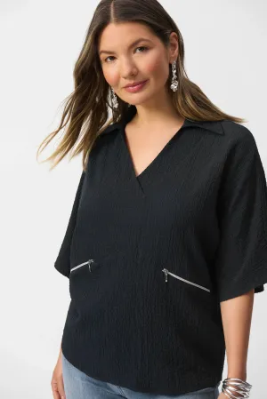 Joseph Ribkoff Black Seersucker Boxy High-Low Top