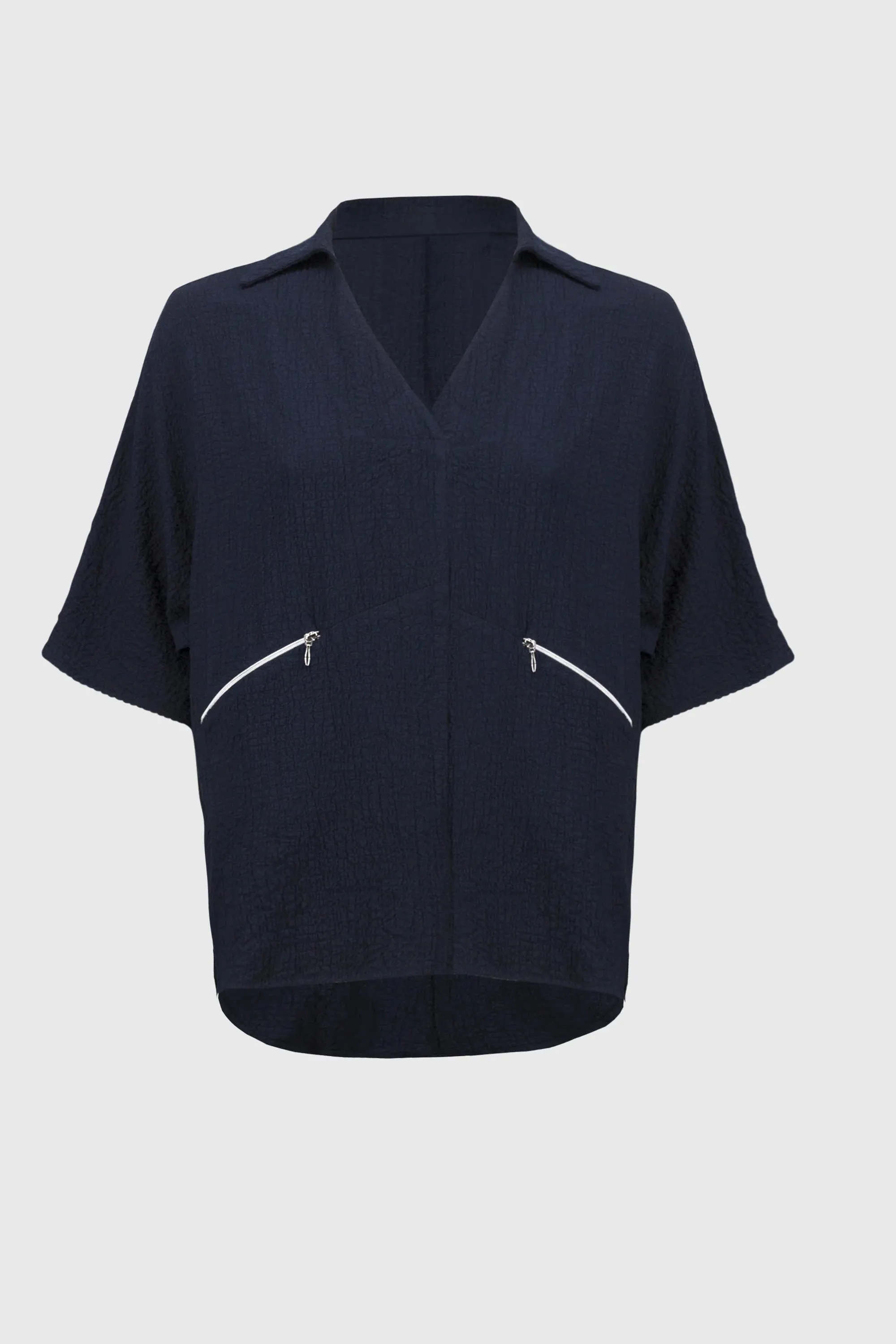Joseph Ribkoff Midnight Blue Seersucker Boxy High-Low Top