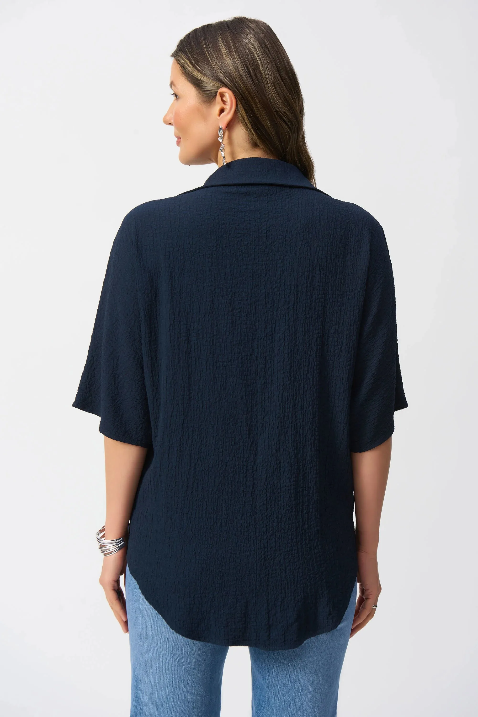Joseph Ribkoff Midnight Blue Seersucker Boxy High-Low Top