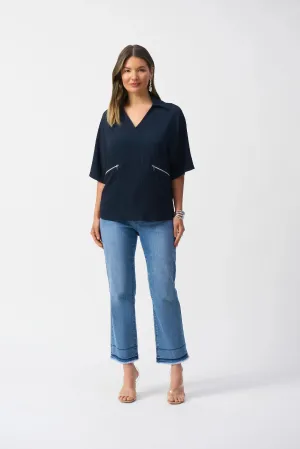 Joseph Ribkoff Midnight Blue Seersucker Boxy High-Low Top