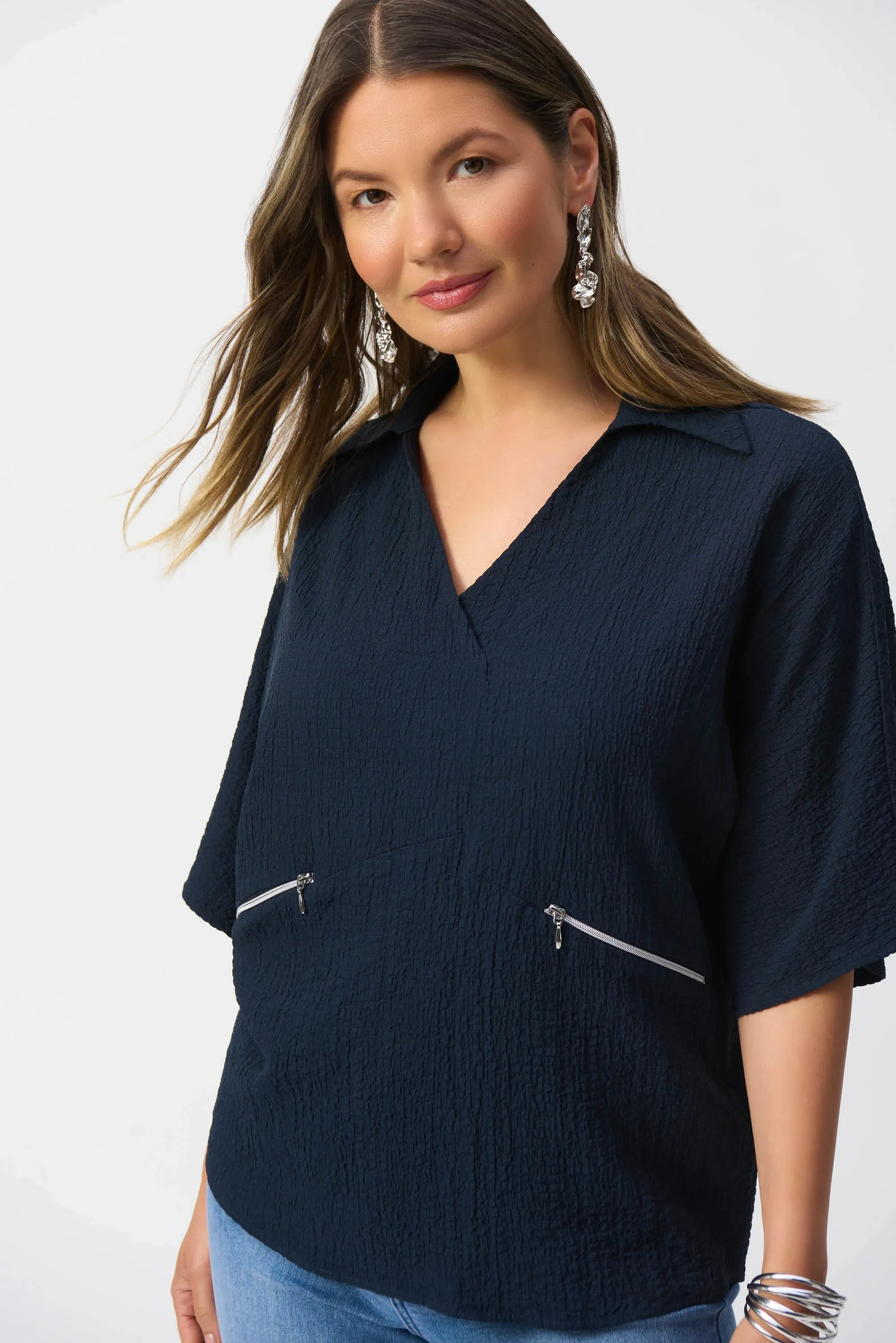 Joseph Ribkoff Midnight Blue Seersucker Boxy High-Low Top