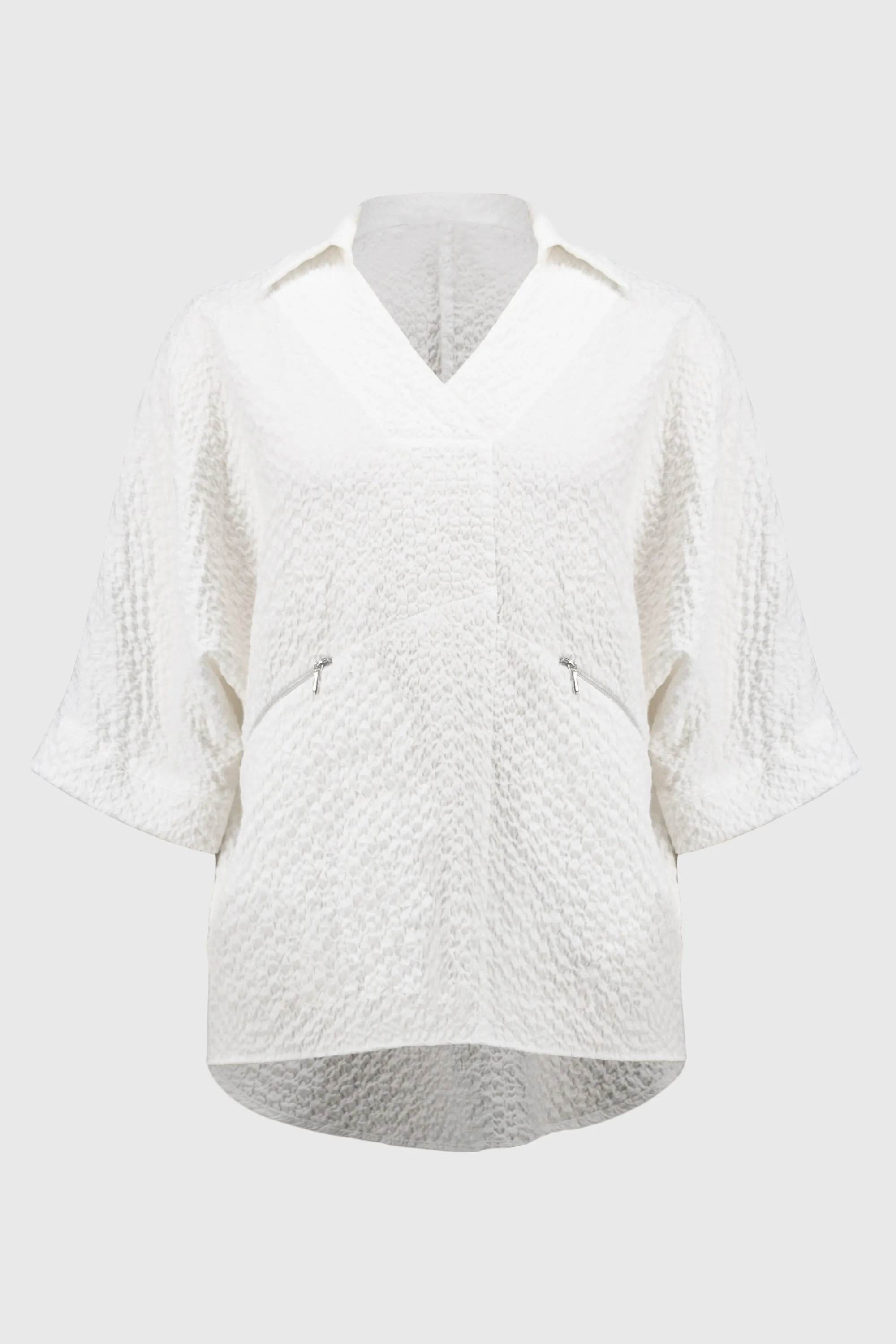 Joseph Ribkoff White Seersucker Boxy High-Low Top