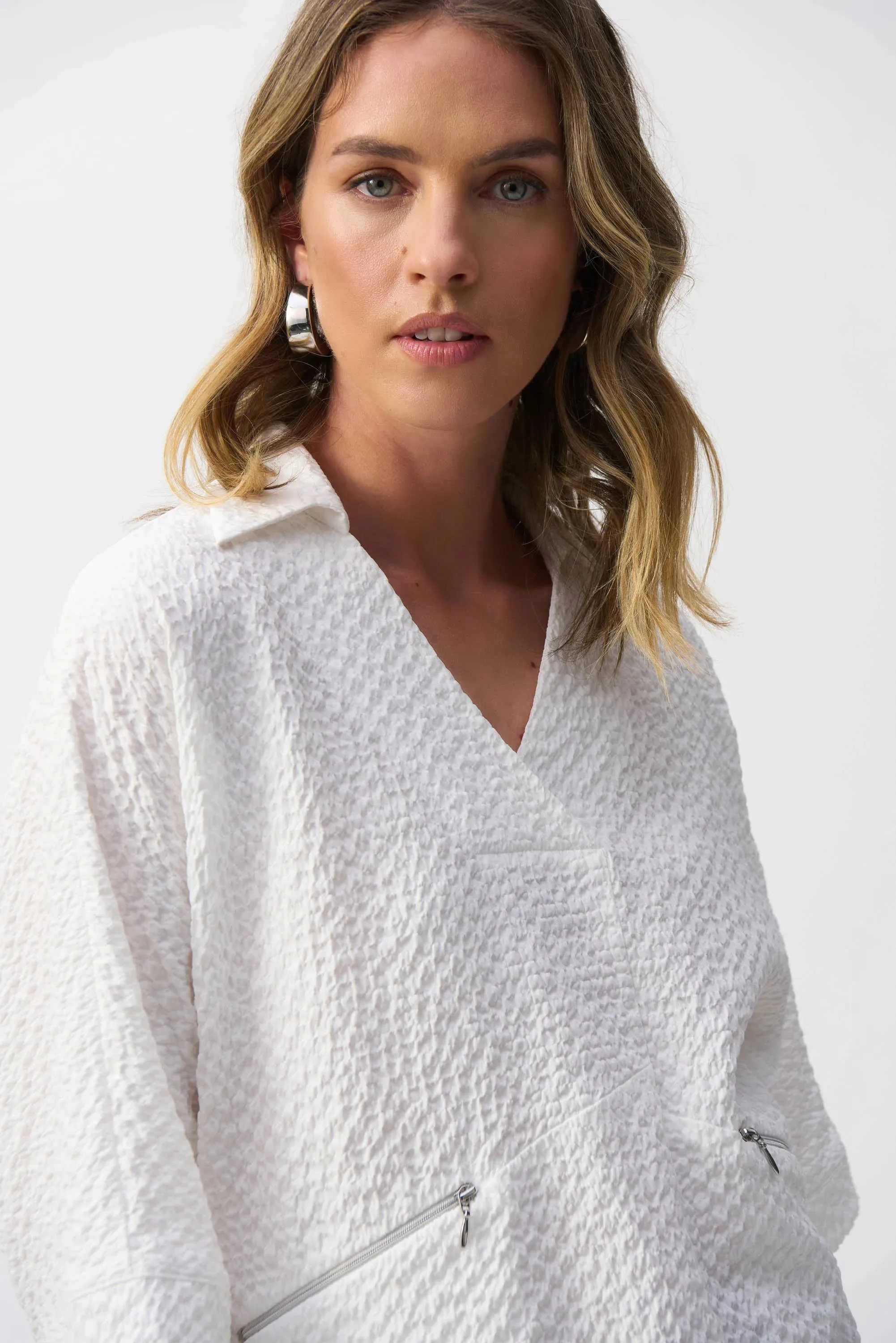 Joseph Ribkoff White Seersucker Boxy High-Low Top