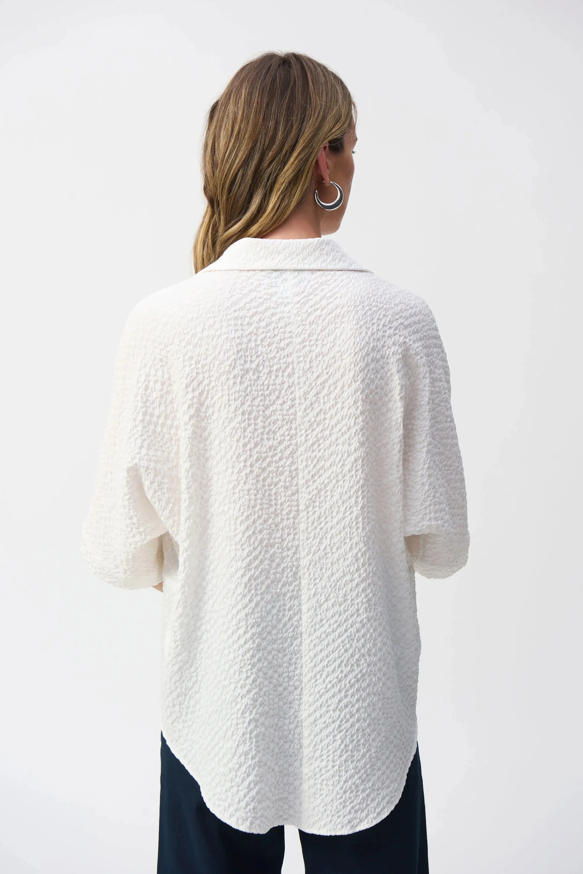 Joseph Ribkoff White Seersucker Boxy High-Low Top