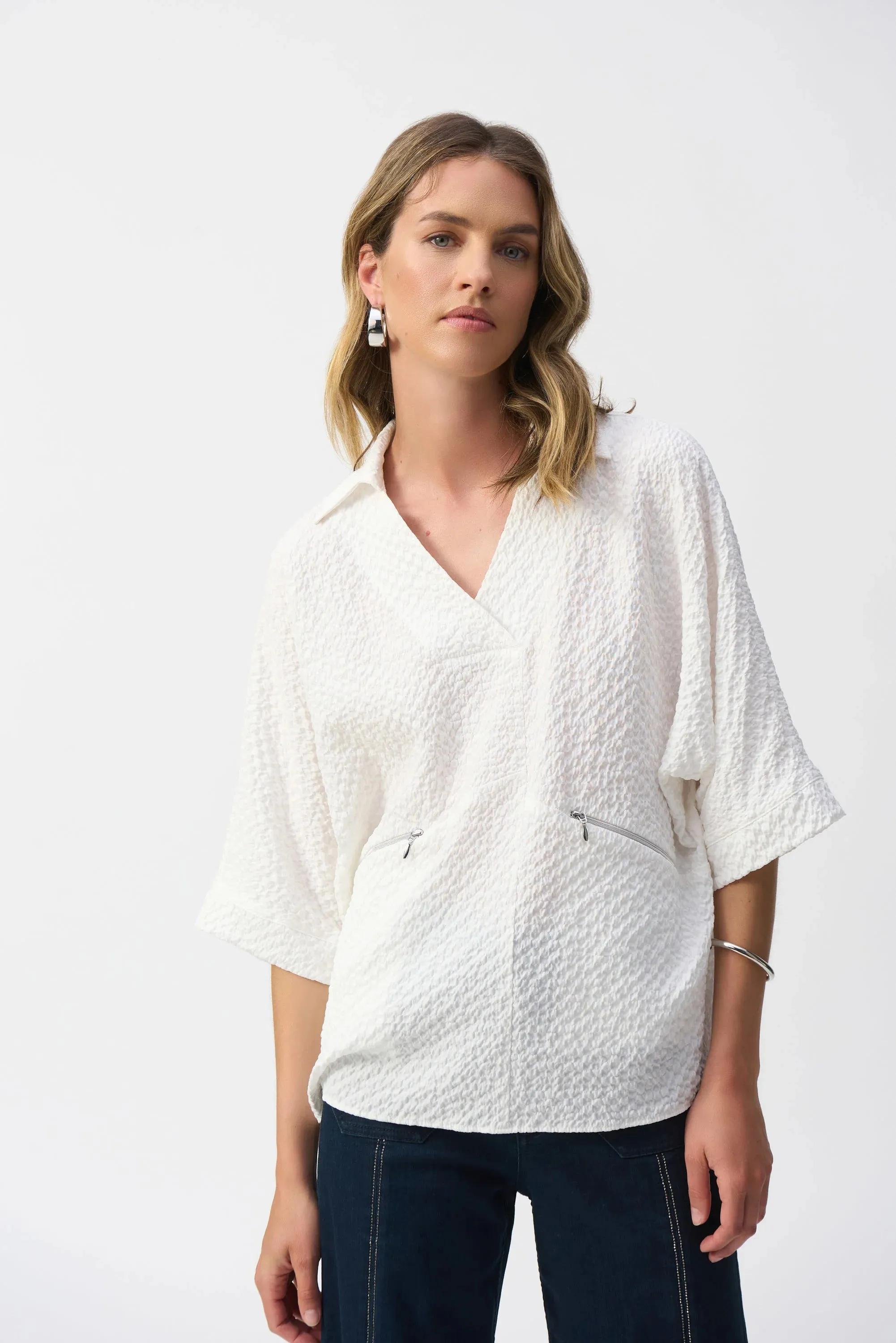 Joseph Ribkoff White Seersucker Boxy High-Low Top