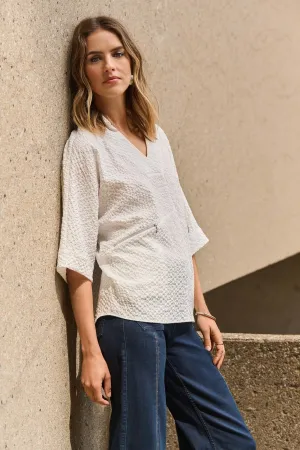 Joseph Ribkoff White Seersucker Boxy High-Low Top