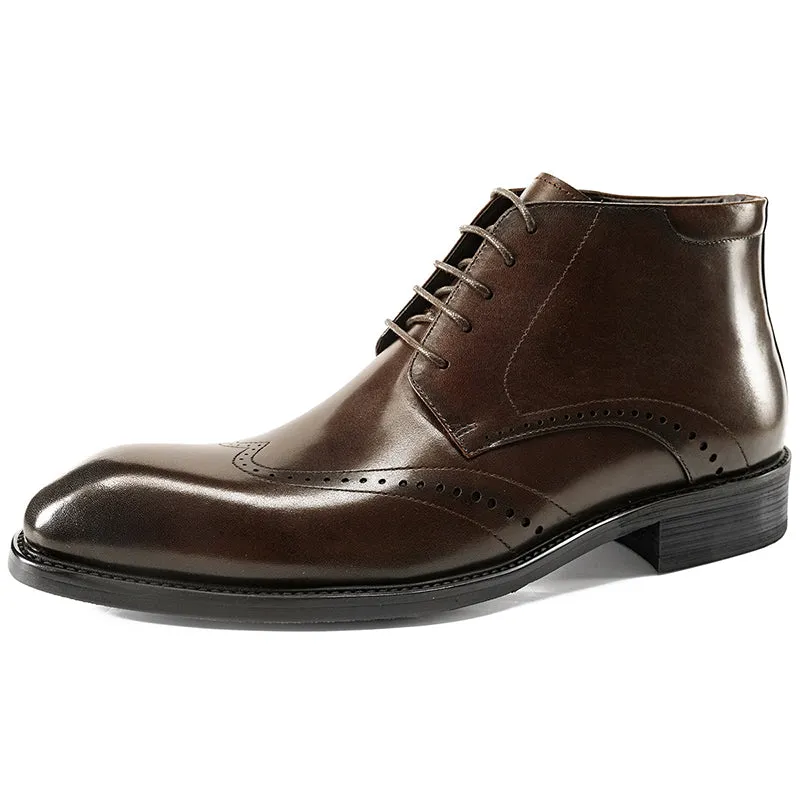 Mens leather ankle boots square toe low heel lace up boots
