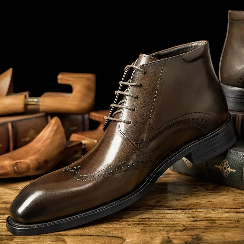 Mens leather ankle boots square toe low heel lace up boots