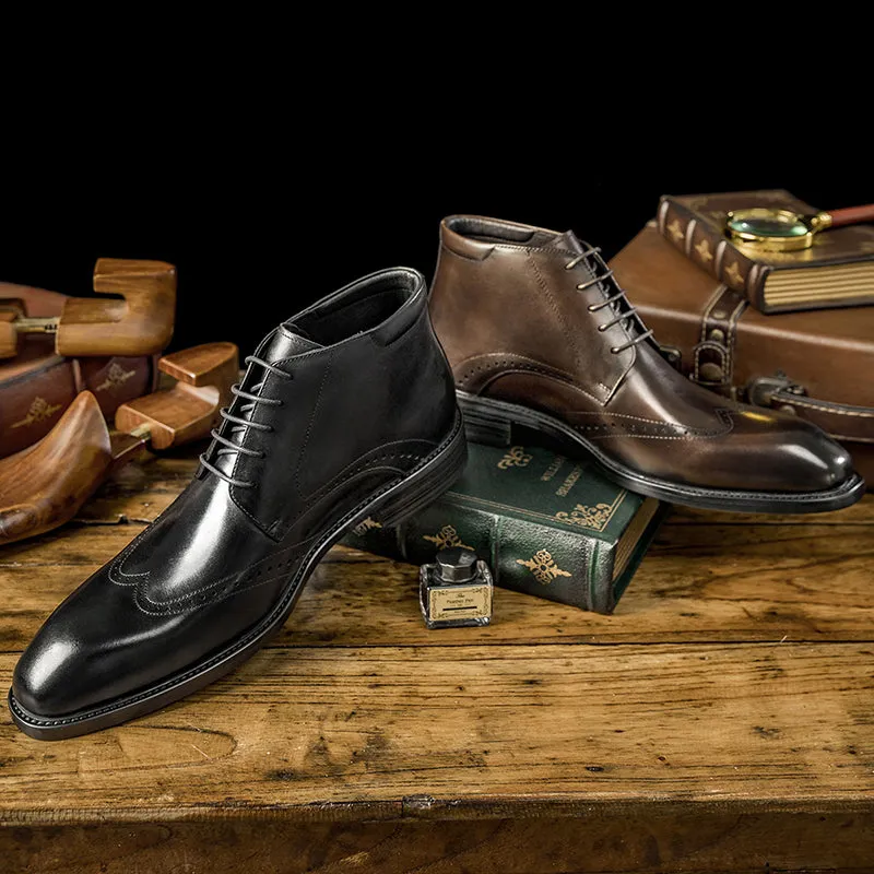 Mens leather ankle boots square toe low heel lace up boots
