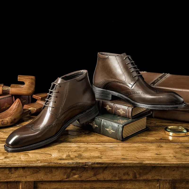 Mens leather ankle boots square toe low heel lace up boots