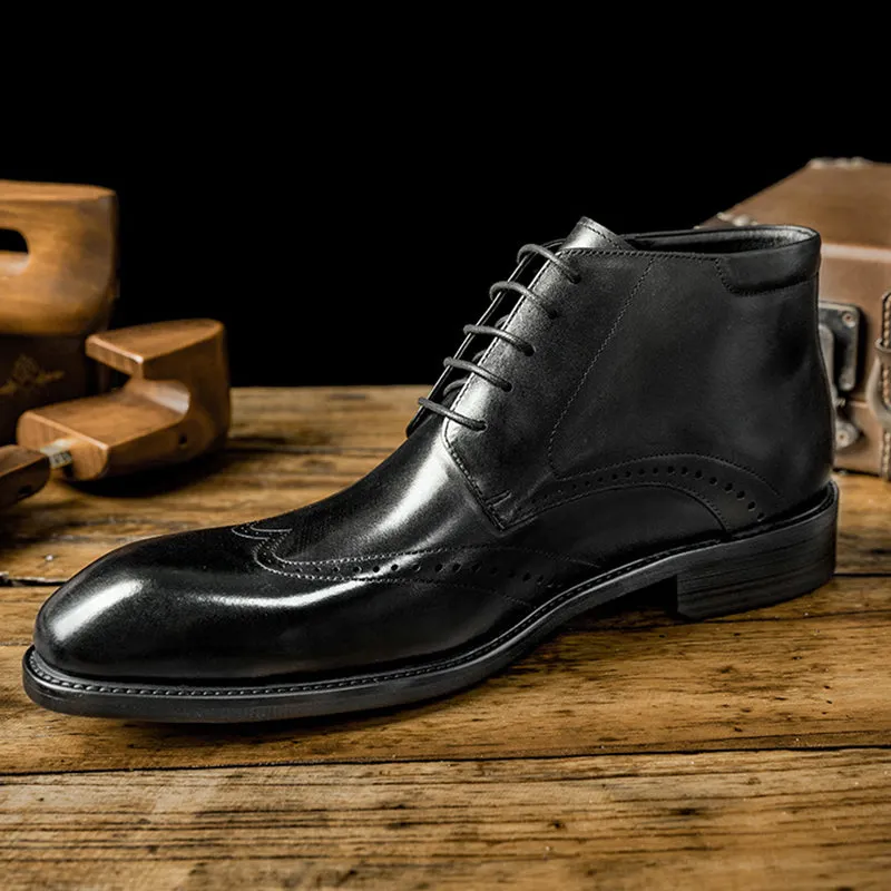 Mens leather ankle boots square toe low heel lace up boots