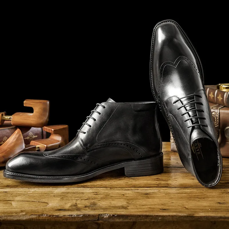 Mens leather ankle boots square toe low heel lace up boots