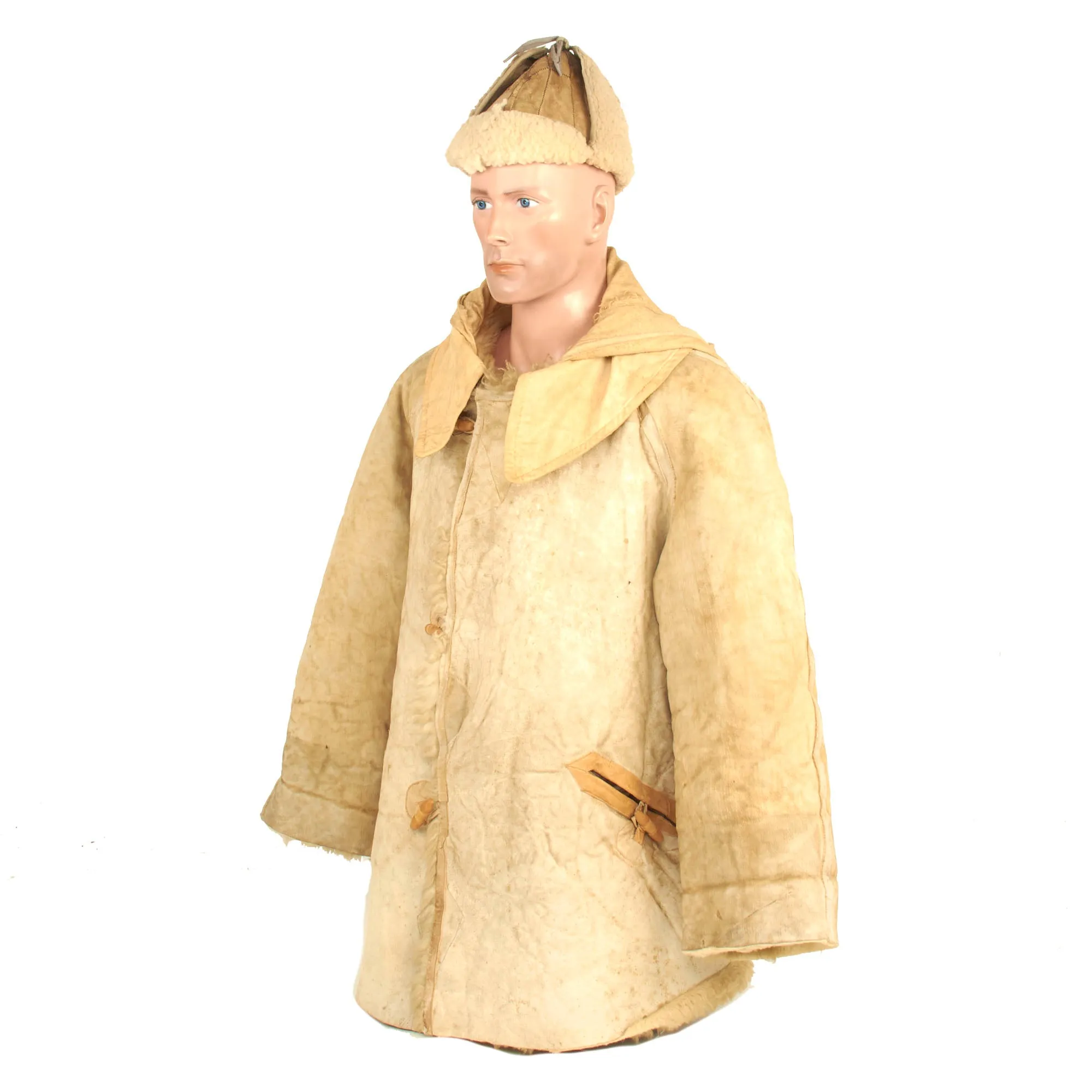 Original German WWII Luftwaffe Fur-Lined Sheepskin Leather & Canvas Winter Parka with Field-made Winter Cap