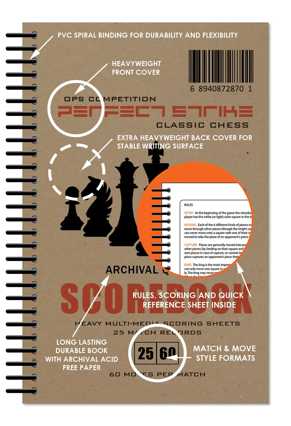 Perfect Strike Chess SCOREBOOK with Rules and Scoring Instructions. Heavy duty. Practice and Competition. (5.5" x 8.5") LS-25:60