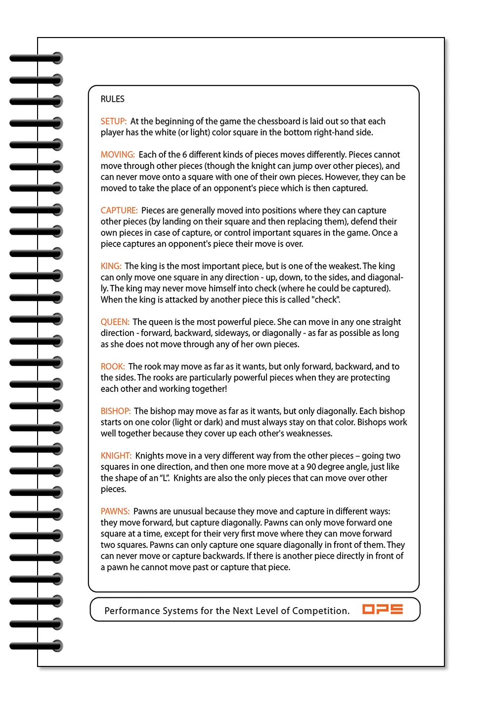 Perfect Strike Chess SCOREBOOK with Rules and Scoring Instructions. Heavy duty. Practice and Competition. (5.5" x 8.5") LS-25:60