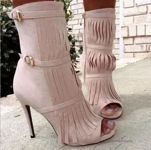 Pink Peep Toe Fringe Buckle Calf Boots