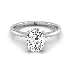 Plat Oval Solitaire Engagement Ring With Lower Hidden Halo Curved With 8 Prong Set Round Diamonds