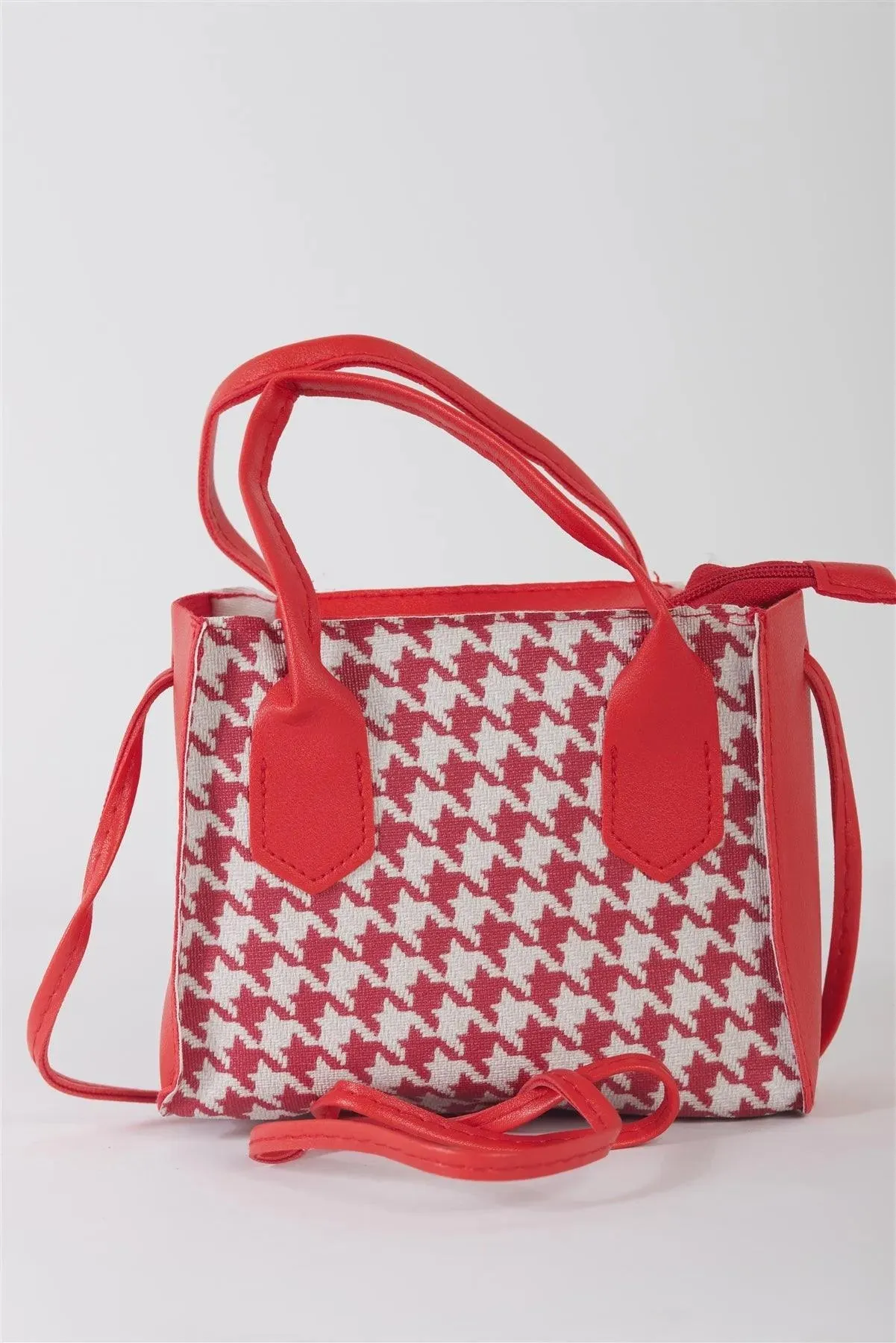 Red & White Houndstooth Print Small Handbag