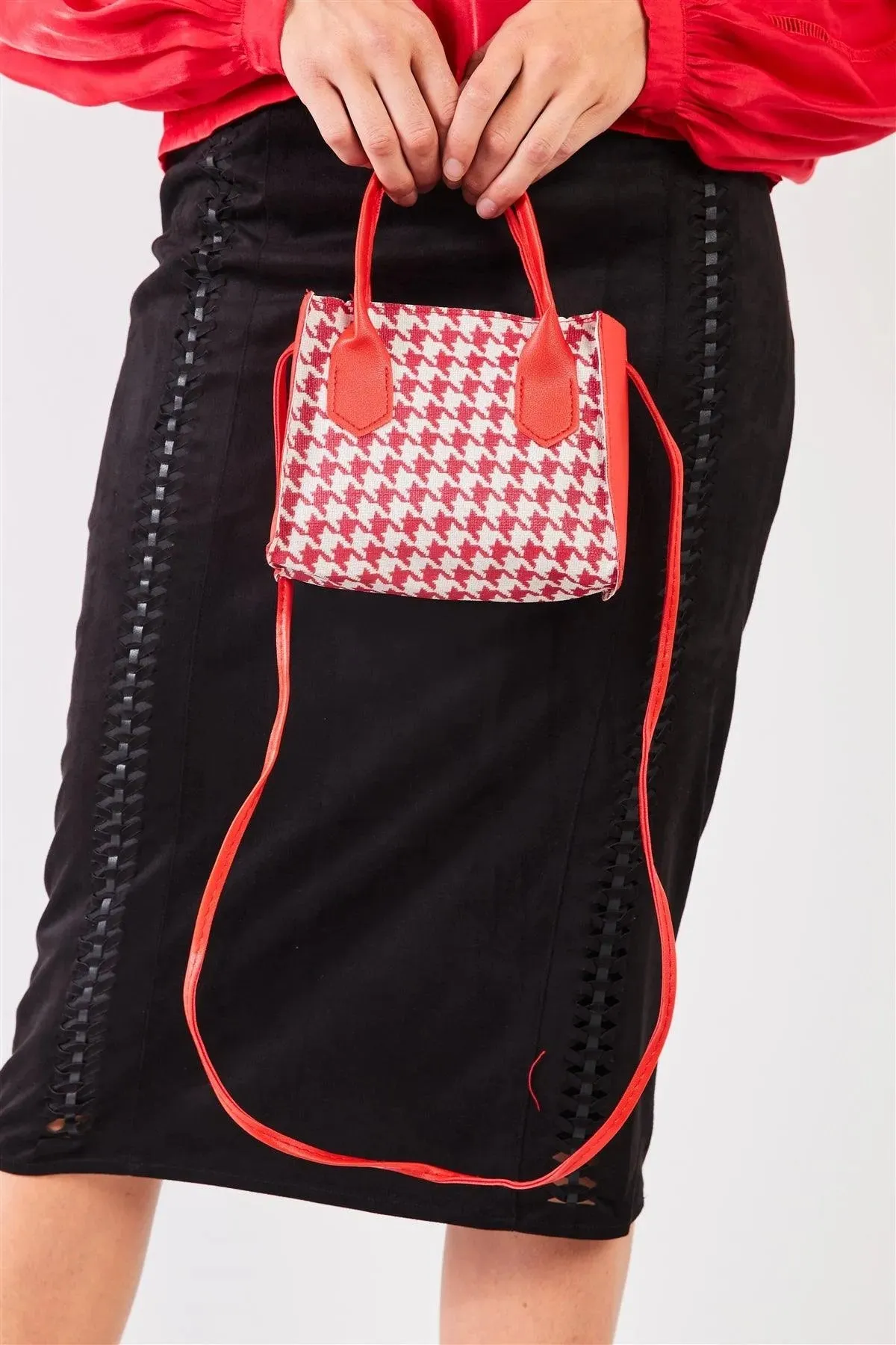Red & White Houndstooth Print Small Handbag