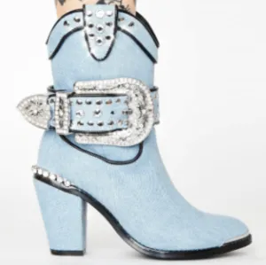 Retro Denim Blue Buckle Chunky Heel Martin Boots