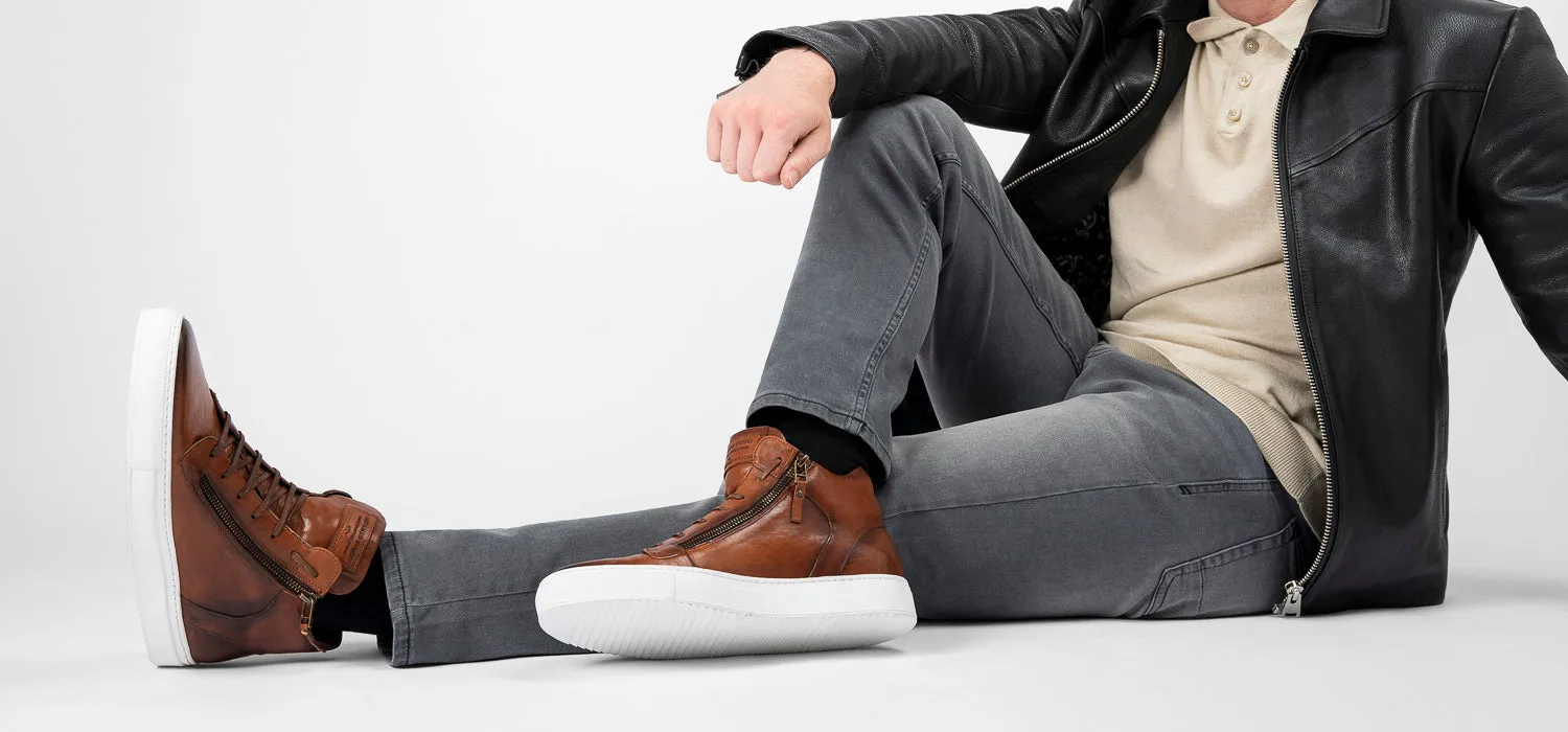 SOHO ROGUE cognac distressed high sneakers.