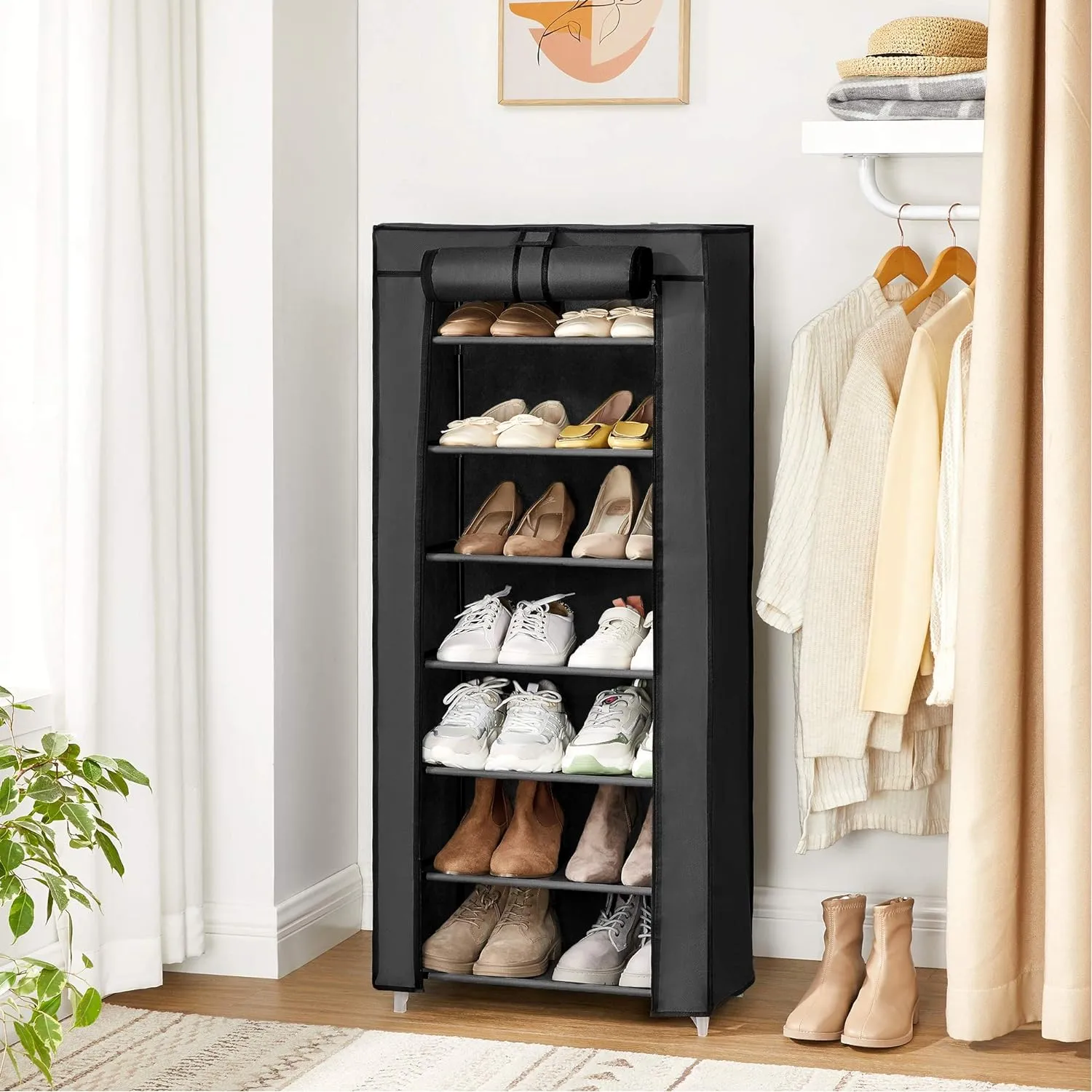 SONGMICS 7 Tier Shoe Rack for 14-20 Pairs of Shoes Nonwoven Fabric Cover Black