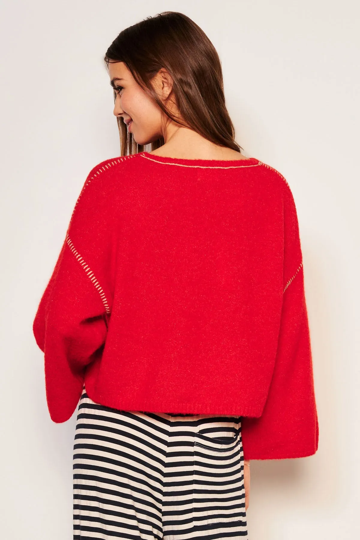 Sundry Cropped Whip Stitch Sweater in Flare Red