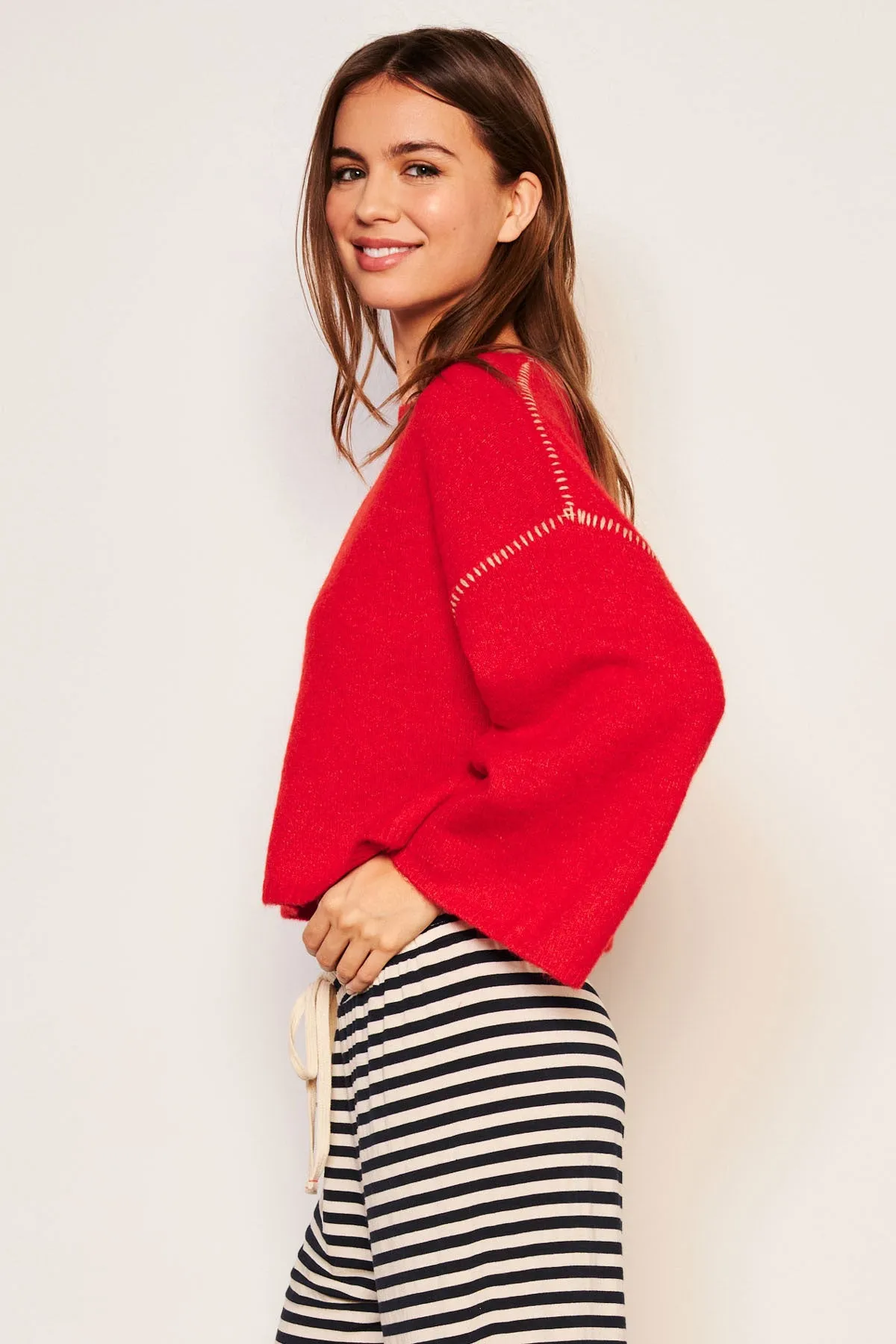 Sundry Cropped Whip Stitch Sweater in Flare Red