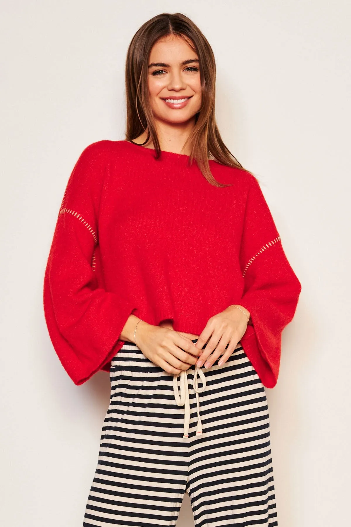 Sundry Cropped Whip Stitch Sweater in Flare Red