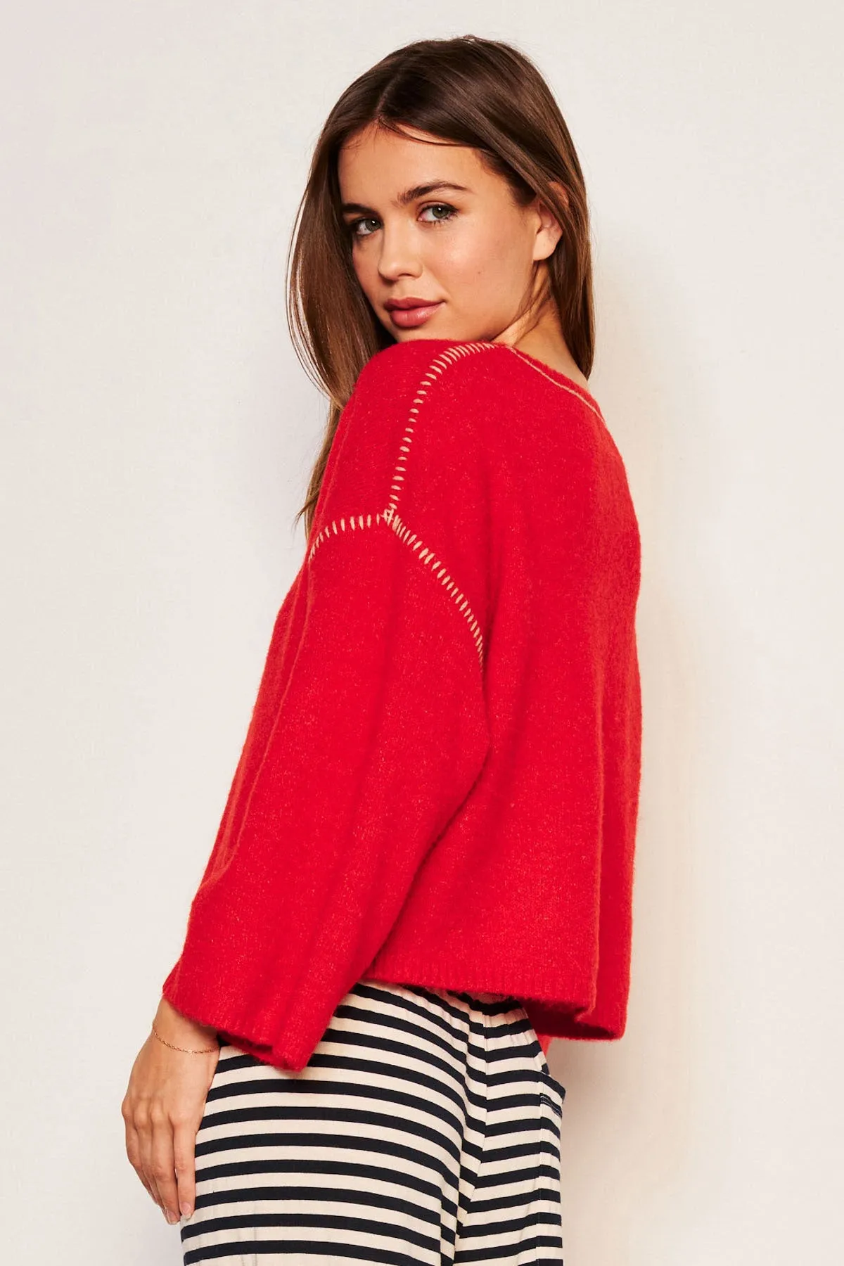 Sundry Cropped Whip Stitch Sweater in Flare Red