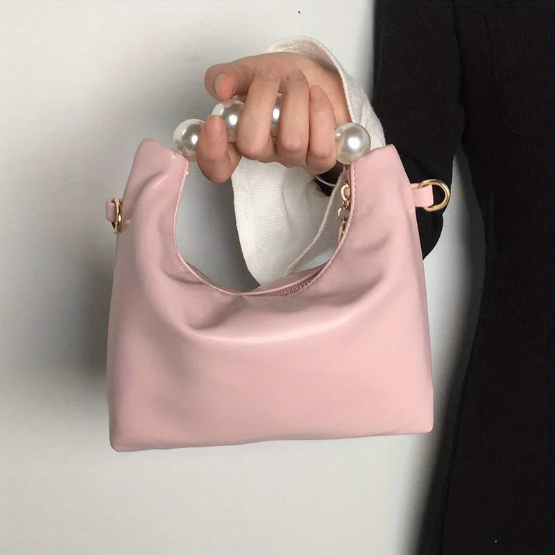 Trendy Ruched Handbags, Women's Chain Crossbody Bag with Faux Pearl Handle for Parties
