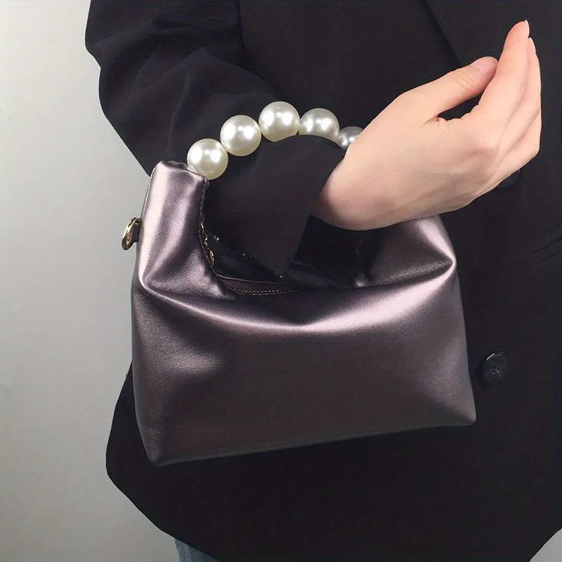 Trendy Ruched Handbags, Women's Chain Crossbody Bag with Faux Pearl Handle for Parties