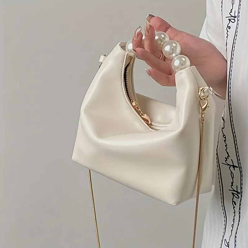 Trendy Ruched Handbags, Women's Chain Crossbody Bag with Faux Pearl Handle for Parties