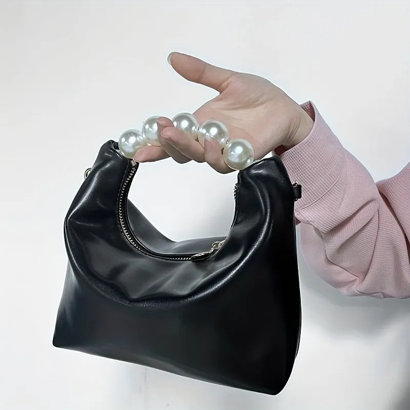 Trendy Ruched Handbags, Women's Chain Crossbody Bag with Faux Pearl Handle for Parties