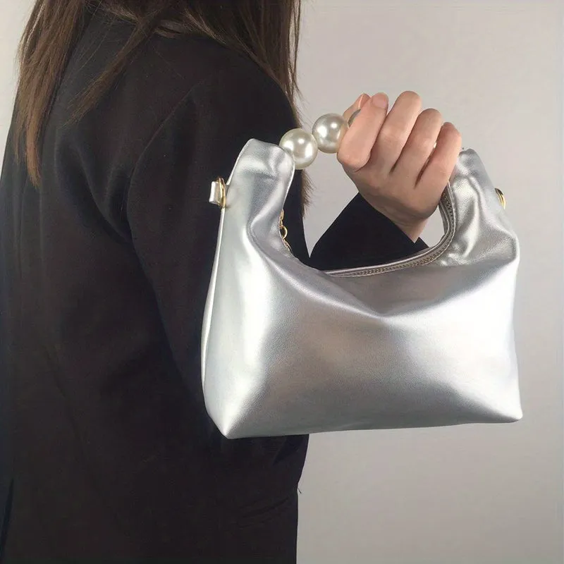 Trendy Ruched Handbags, Women's Chain Crossbody Bag with Faux Pearl Handle for Parties