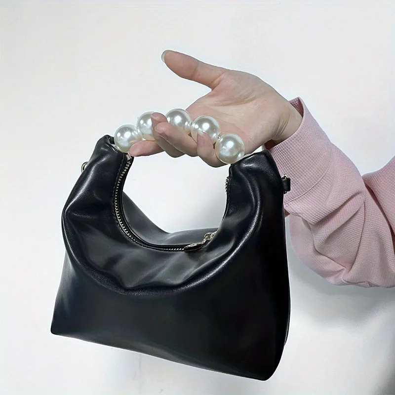 Trendy Ruched Handbags, Women's Chain Crossbody Bag with Faux Pearl Handle for Parties