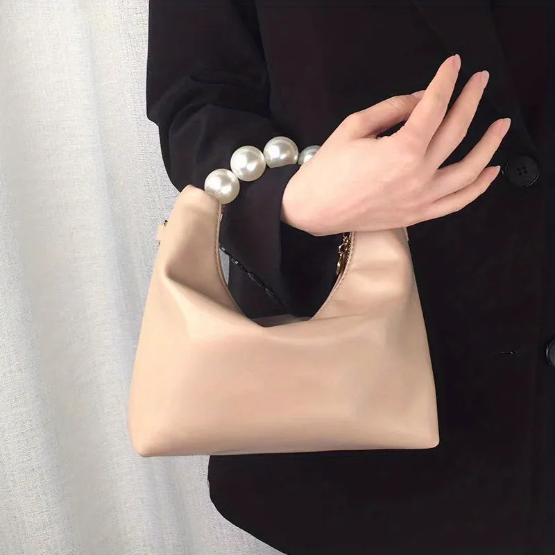 Trendy Ruched Handbags, Women's Chain Crossbody Bag with Faux Pearl Handle for Parties