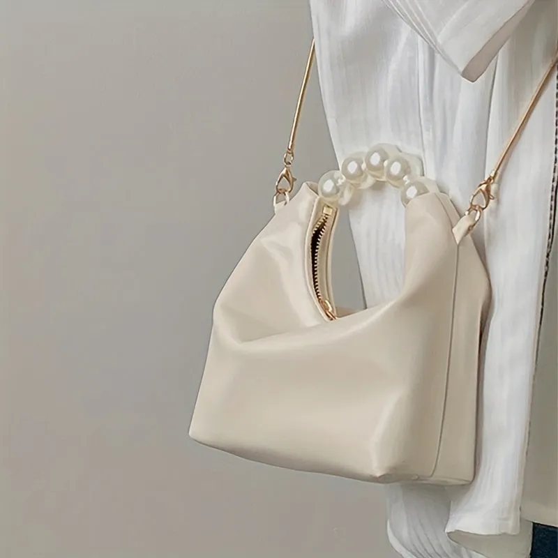 Trendy Ruched Handbags, Women's Chain Crossbody Bag with Faux Pearl Handle for Parties