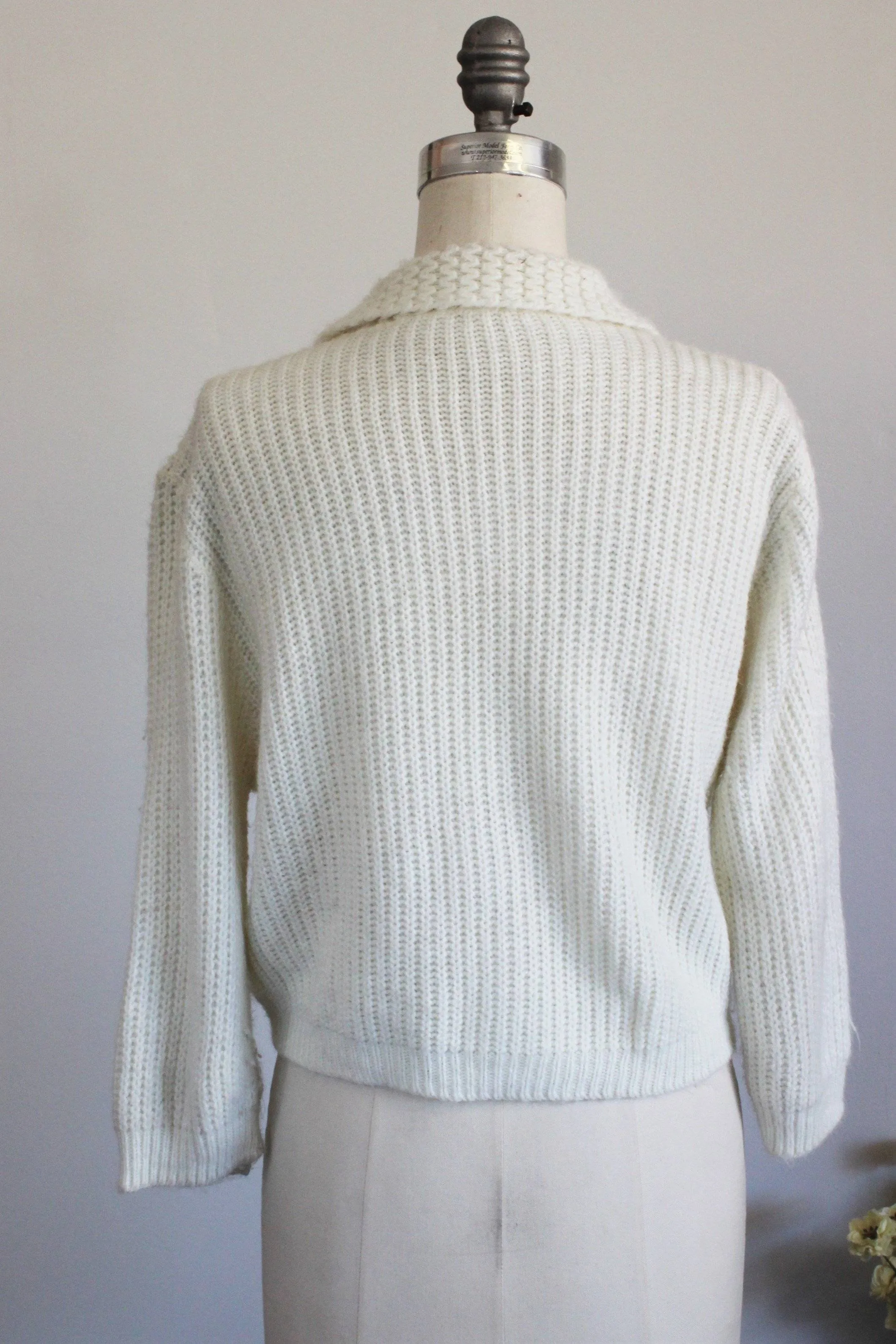 Vintage 1950s Off White Cardigan Sweater, with Fan Appliques